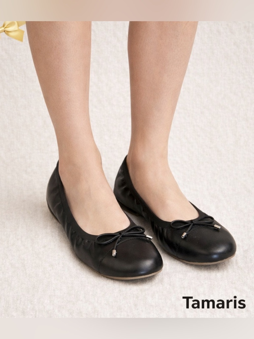 Tamaris Black Leather Ballet Flats Bow Comfort Shoes Size 9